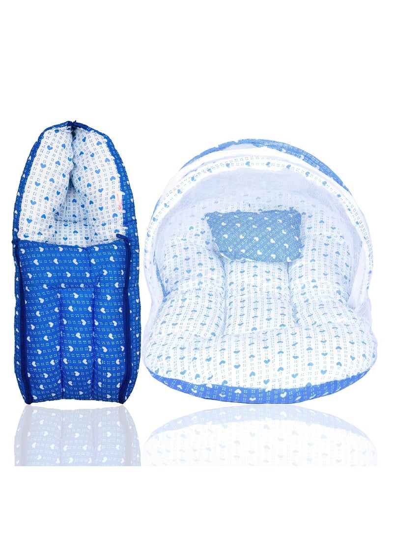 Kids Charm Dotted Heart 2 PCS Combo Set 3 in 1 Babys Cotton Cum Carry Bed2 in 1 Babys Cotton Bed with Mosquito Net for 48 Months Blue