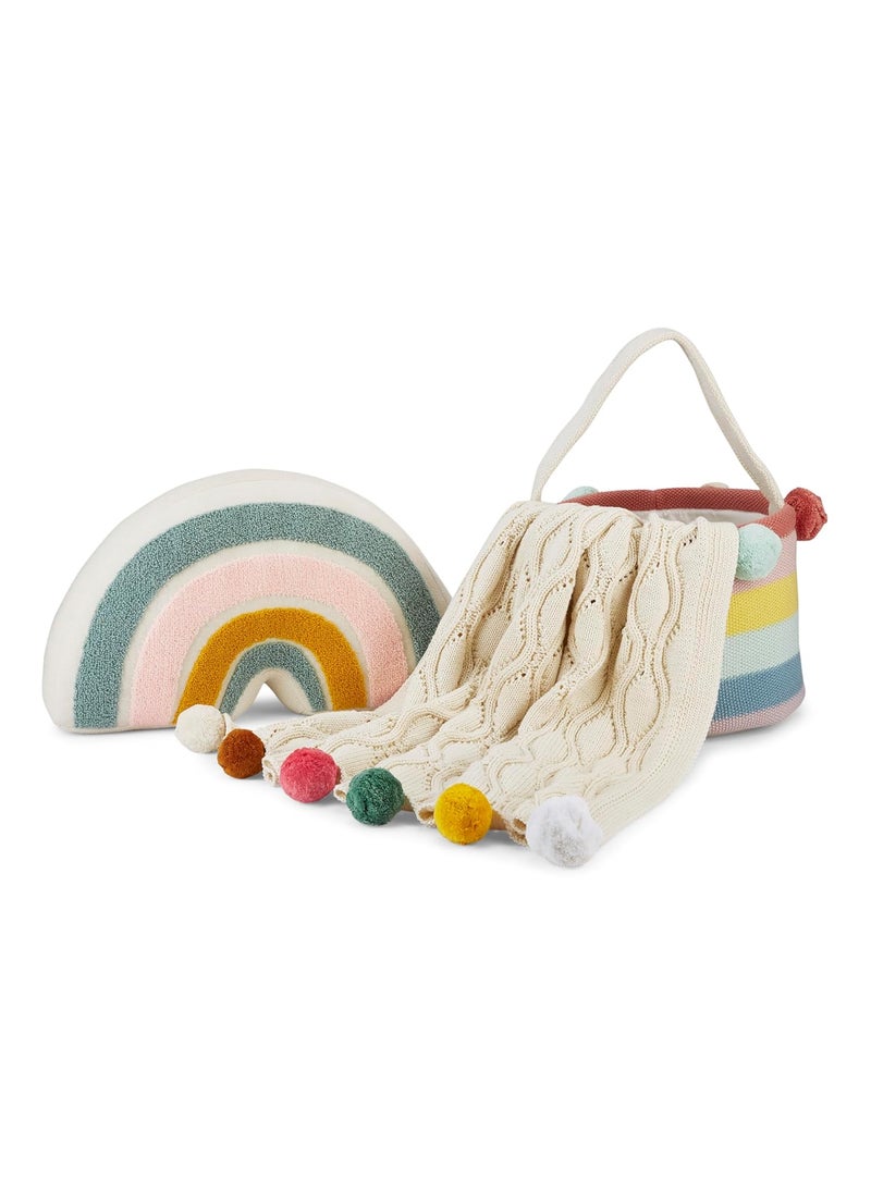 Haus and Kinder Cozy Baby Blanket Pack of 3 Decorative Cushion Set Nursery Storage Basket Soft Infant Blanket Luxury Baby Blanket Set Stylish Cushion Collection Rainbow