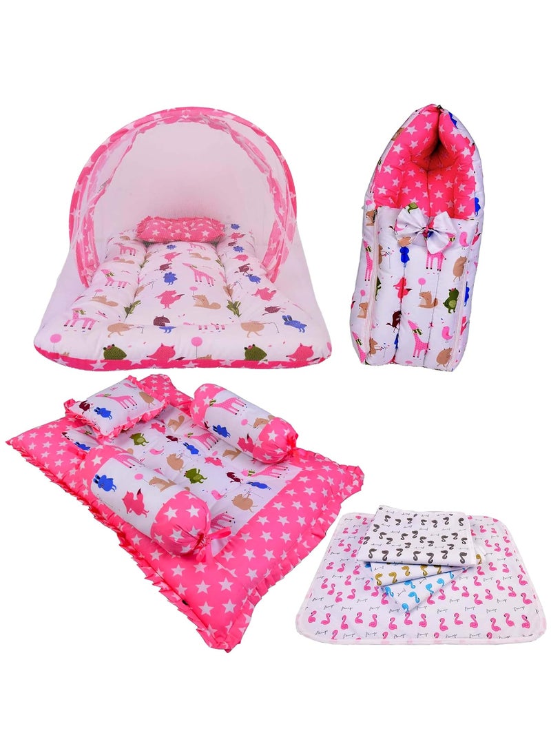 Kwitchy Combo of Baby Mattress with Net Sleeping Bag 4 Pcs Bedding Set 4 Nappy Changing Sheets Pink 06 Months 4PCS Set