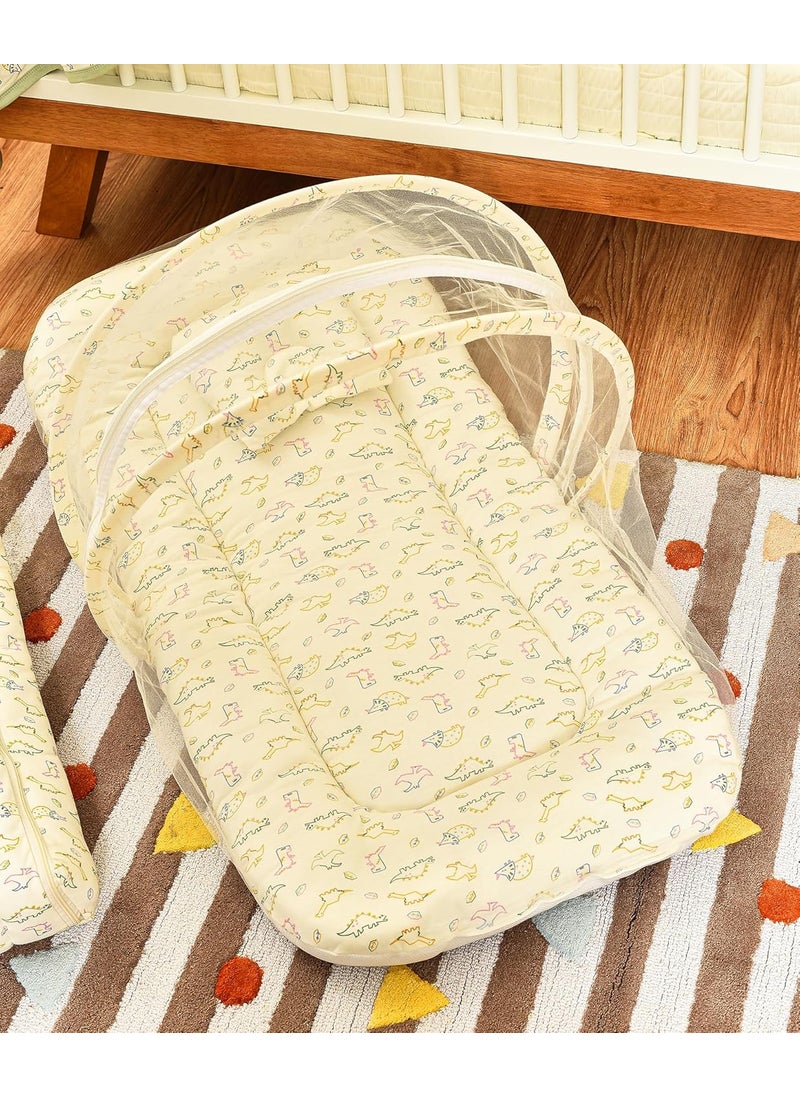 Mi Arcus Cream Printed Baby Bedding Set Cotton Mattress with Mosquito Net and Head Support Pillow for Girls Boys Kids Infants Toddlers