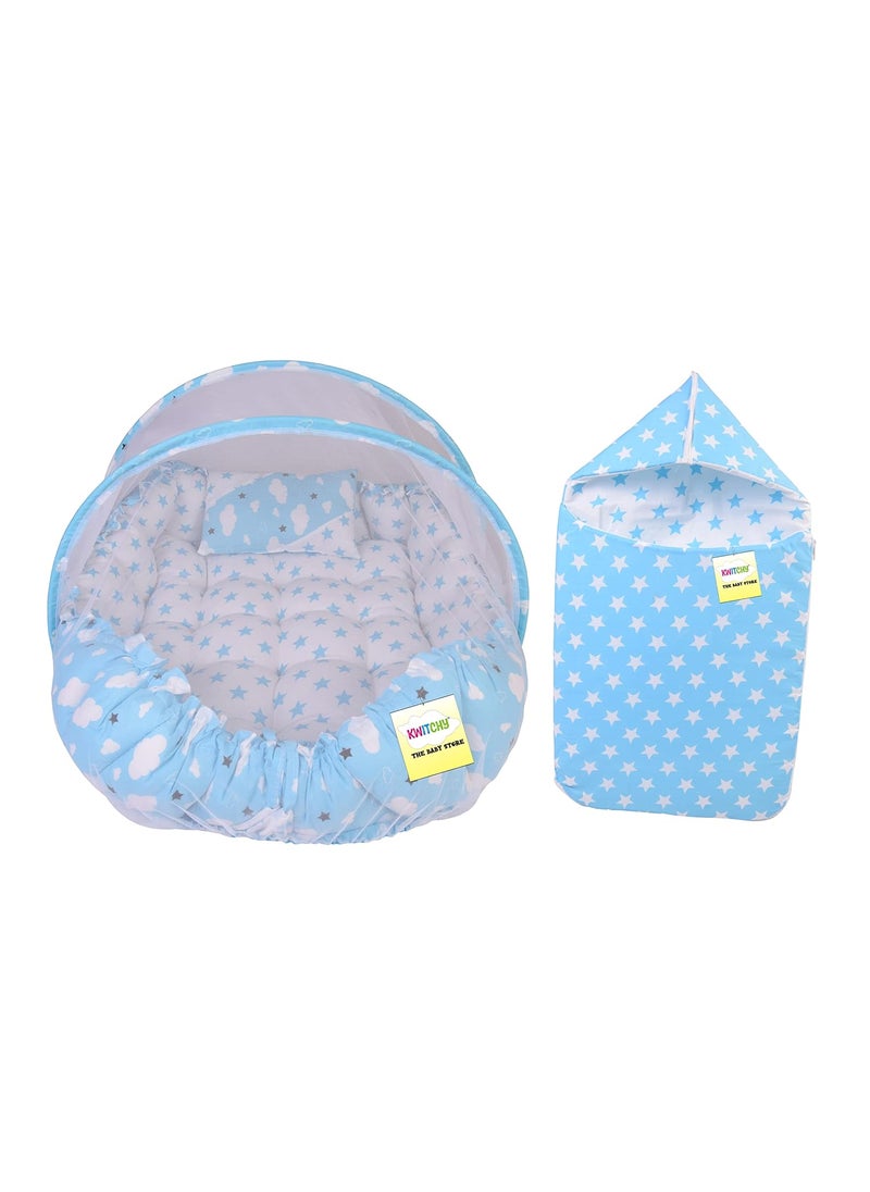 Kwitchy Baby Bed New Born Baby Beddin Set Sleeping Bag Mattress Mosquito Net Carry Nest Net Bed Essential Infants Combo Gift Baby Shower 06 Months Blue 2PCS Set