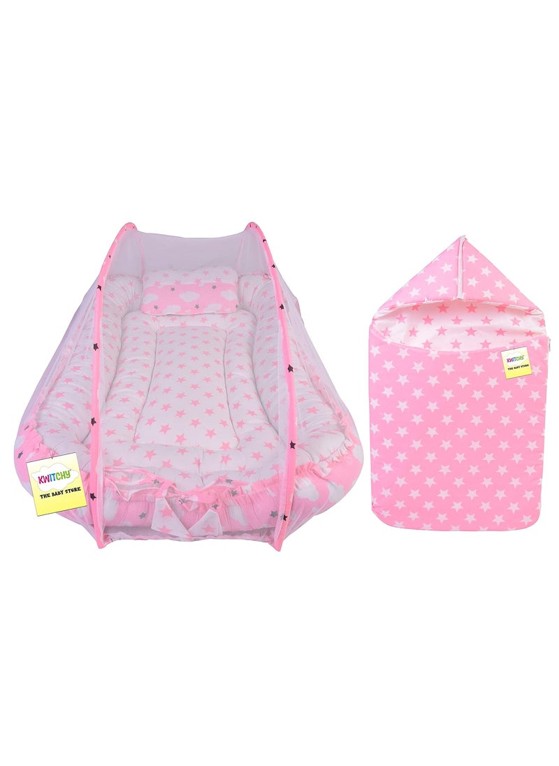 Kwitchy Baby Bed New Born Baby Sleeping Bag Bedding Set Mattress Carry Nest Mosquito Net Cotton Gadda Set Essential Combo Products All Gift Pack 06 Months Pink 2PCS Set