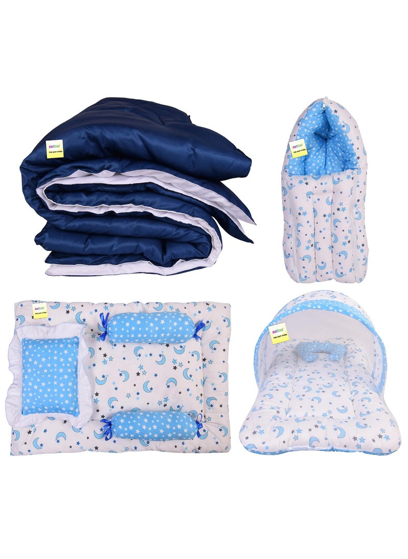 Kwitchy New Born Bedding Combo of Baby Mattress with Net Sleeping Bag Gaddi Set Comforter 06 Months Blue 4PCS Set