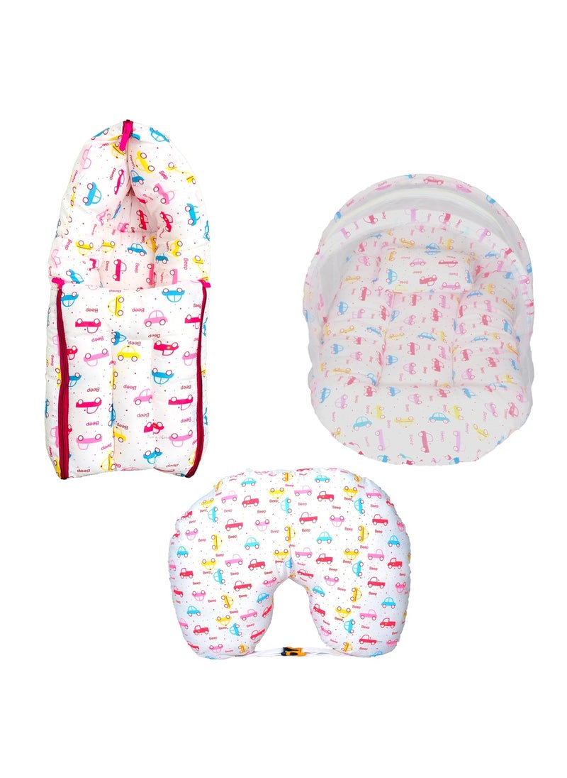 Kids Charm Star Car 3 PCS Combo Set 3 in 1 Babys Cotton Bed Cum Carry Bed5 in 1 Babys Cotton Breast Feeding Pillow with Safety Belt2 in 1 Babys Cotton with Mosquito Net for 48 Months Pink