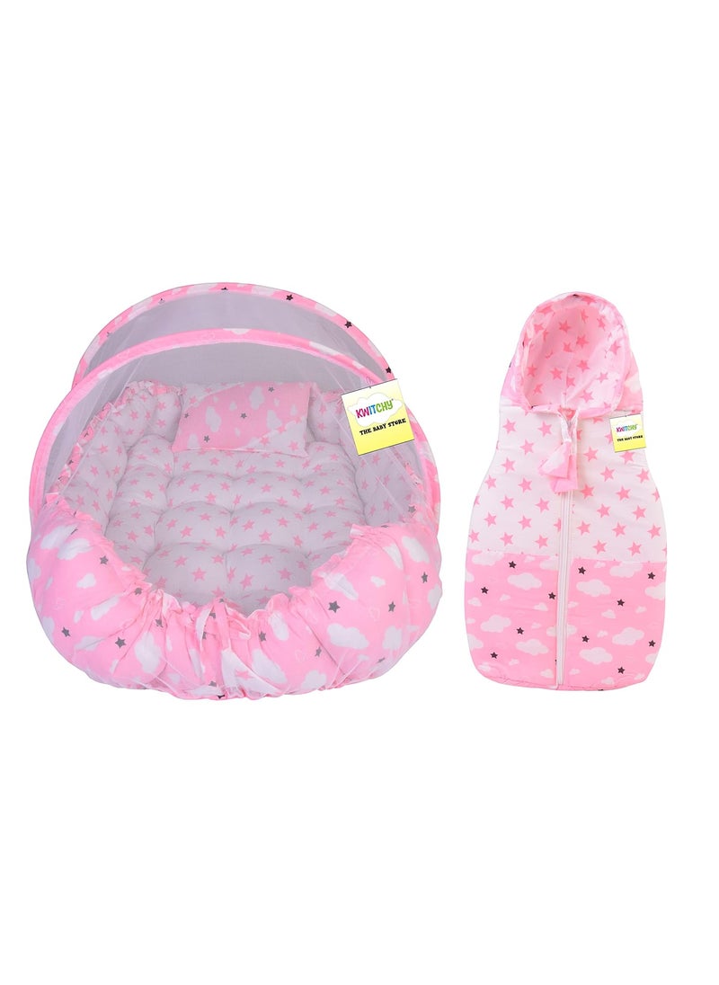 Kwitchy Baby Bed New Born Baby Beddin Set Sleeping Bag Mattress Mosquito Net Carry Nest Net Bed Essential Infants Combo Gift Baby Shower 06 Months Pink 2PCS Set