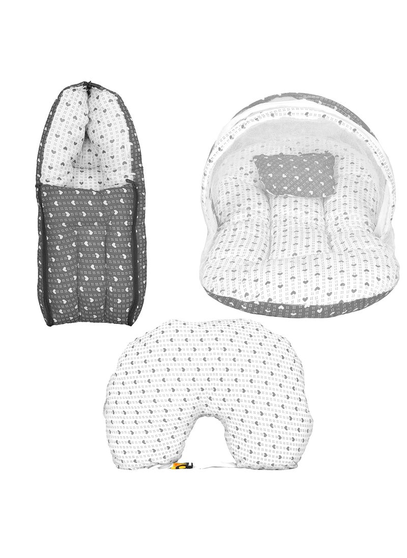 Kids Charm DottedHeart 3 PCS Combo Set 3 in 1 Babys Cotton Bed Cum Carry Bed6 in 1 Babys Cotton Feeding Pillow2 in 1 Babys Cotton Bed with Mosquito Net for 04 Months Grey