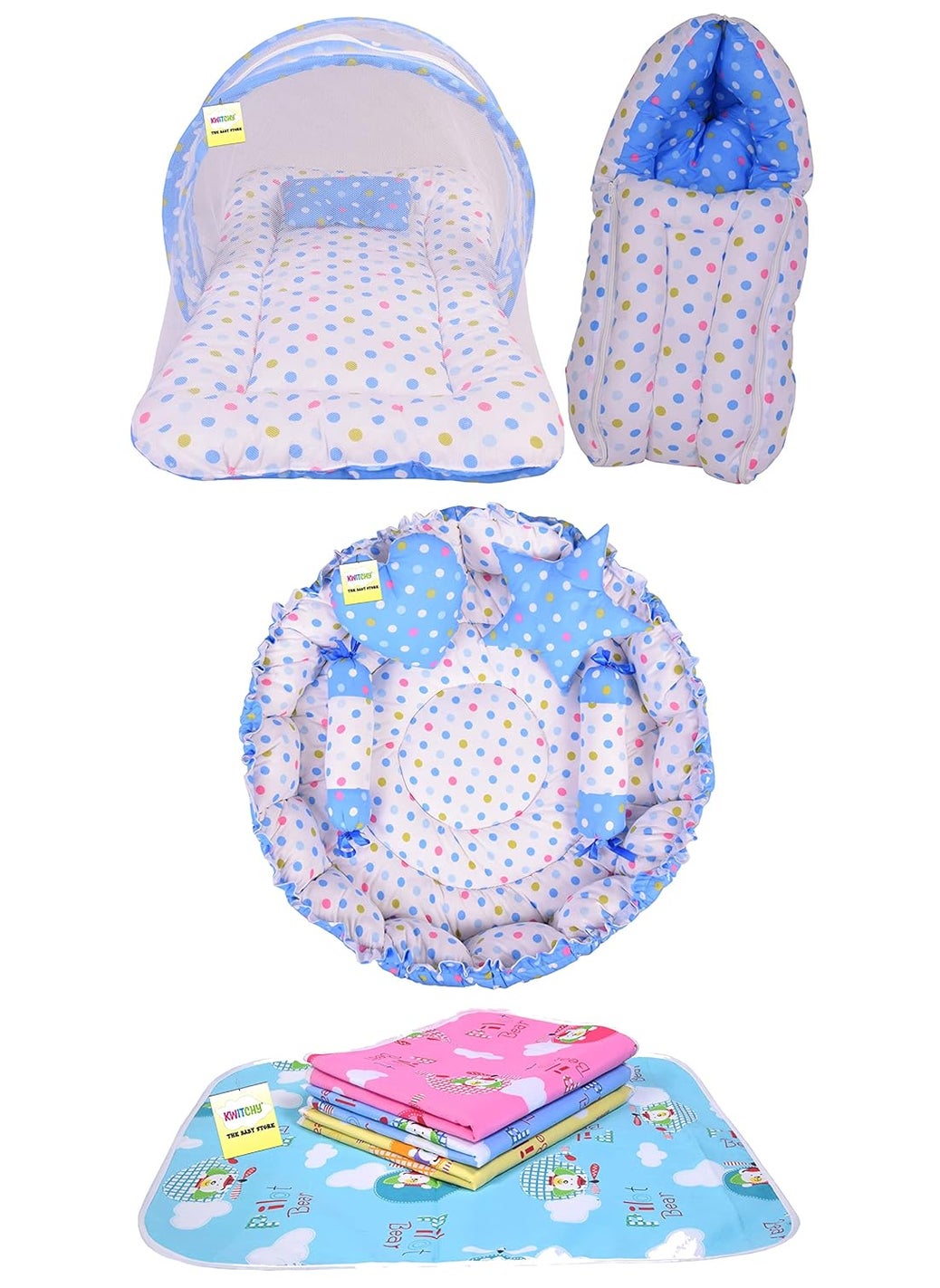 Kwitchy Baby Bed New Born Baby Bedding Set Sleeping Bag Mattress Carry Bags Nest Bed Waterproof Sheets Net Bed Combo Set Gift Pack Essentials 06 Months Blue