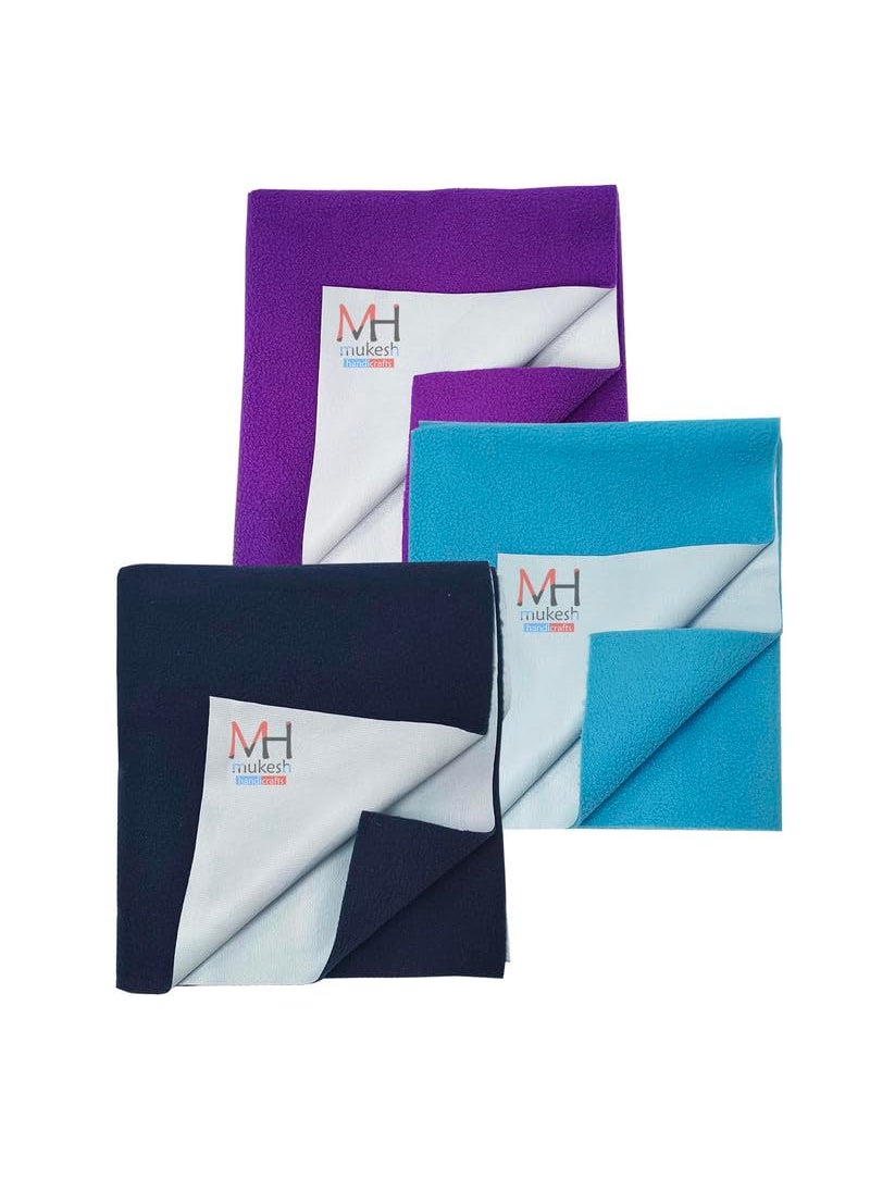 Mukesh Handicrafts Cotton Extra Absorbent Waterproof Quick Dry Sheet Baby Washable Mattress Bed Protector Sheet for Toddler Children Pack of 3 Large Size 100x140 cm Violet Sky Blue Dark Blue