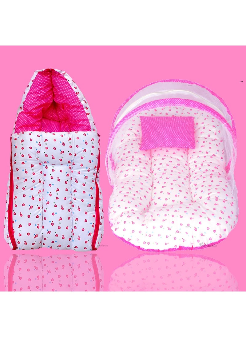 Kids Charm Little Heart 2 PCS Combo Set 3 in 1 Babys Cotton Cum Carry Bed2 in 1 Babys Cotton Bed with Mosquito Net for 48 Months Pink