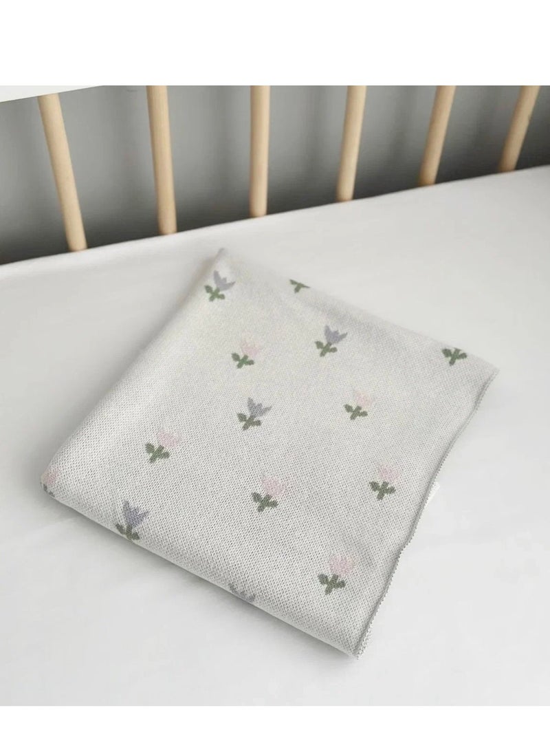 Knitted Baby Blanket Simple “Flowers” – Soft Cotton-Acrylic Baby Throw, Breathable Year-Round Cover for Crib & Stroller, Playmat Use, 90×90 cm, Floral Design
