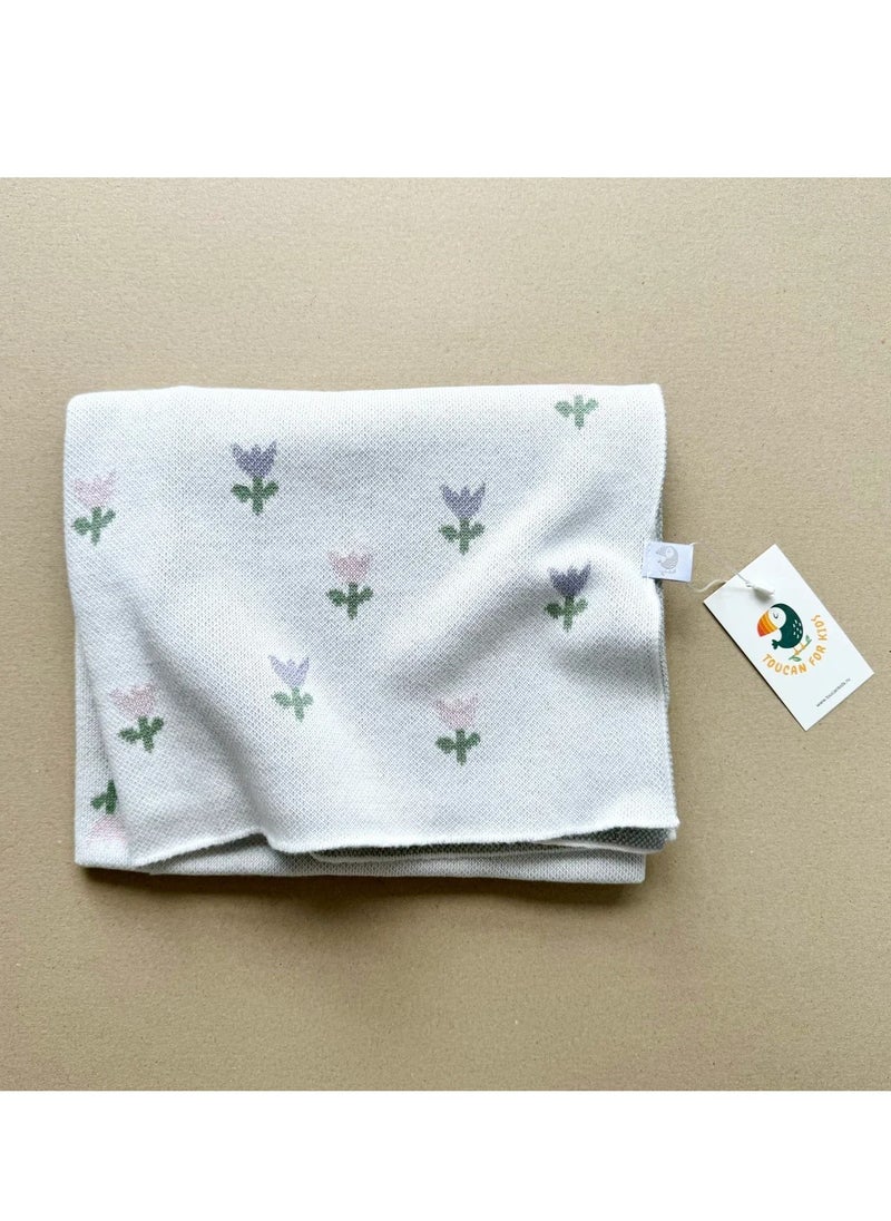 Knitted Baby Blanket Simple “Flowers” – Soft Cotton-Acrylic Baby Throw, Breathable Year-Round Cover for Crib & Stroller, Playmat Use, 90×90 cm, Floral Design