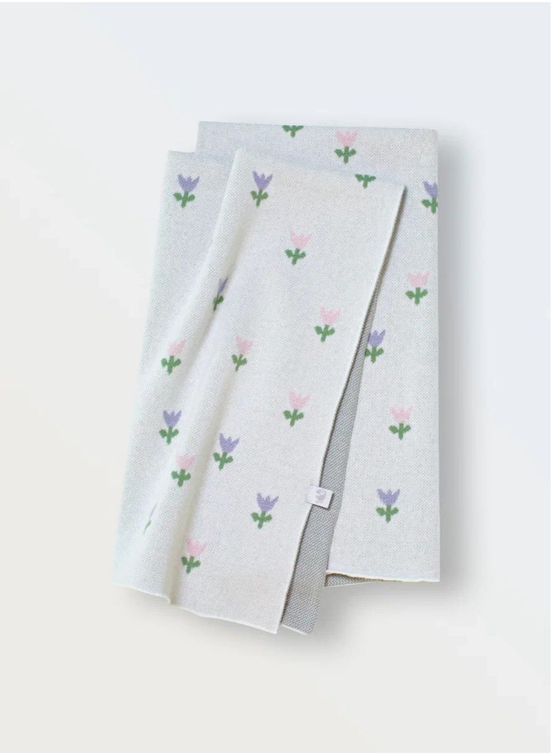 Knitted Baby Blanket Simple “Flowers” – Soft Cotton-Acrylic Baby Throw, Breathable Year-Round Cover for Crib & Stroller, Playmat Use, 90×90 cm, Floral Design
