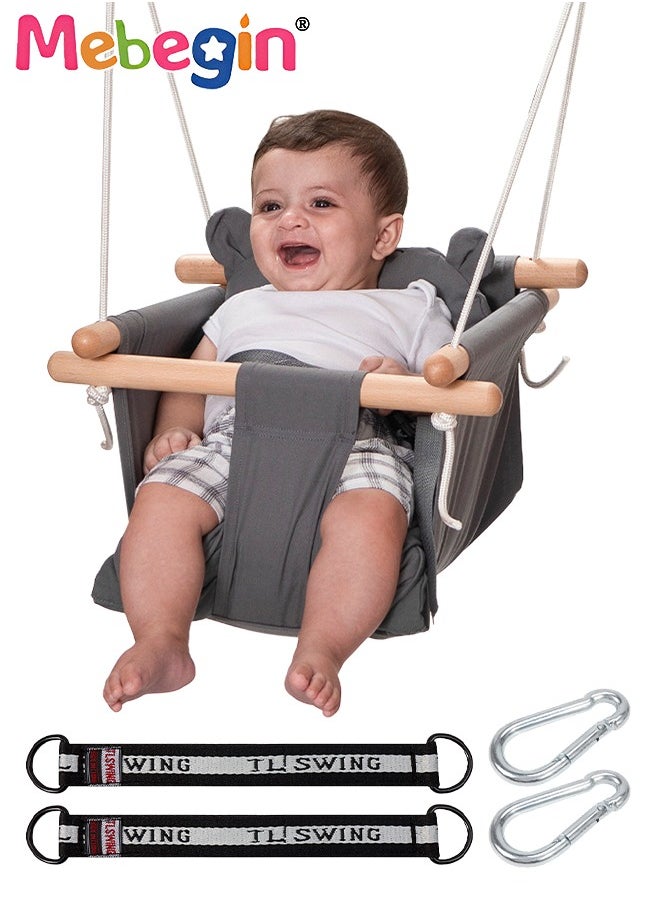 Baby Hanging Swing Seat, Secure Cotton Linen Hammock Chair with Soft Backrest Cushion and Safety Belt, Easy to Install and Carry, Suitable Ceiling or Outdoor Trapeze Table, Garden, Porch, Patio and