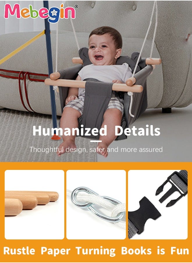 Baby Hanging Swing Seat, Secure Cotton Linen Hammock Chair with Soft Backrest Cushion and Safety Belt, Easy to Install and Carry, Suitable Ceiling or Outdoor Trapeze Table, Garden, Porch, Patio and