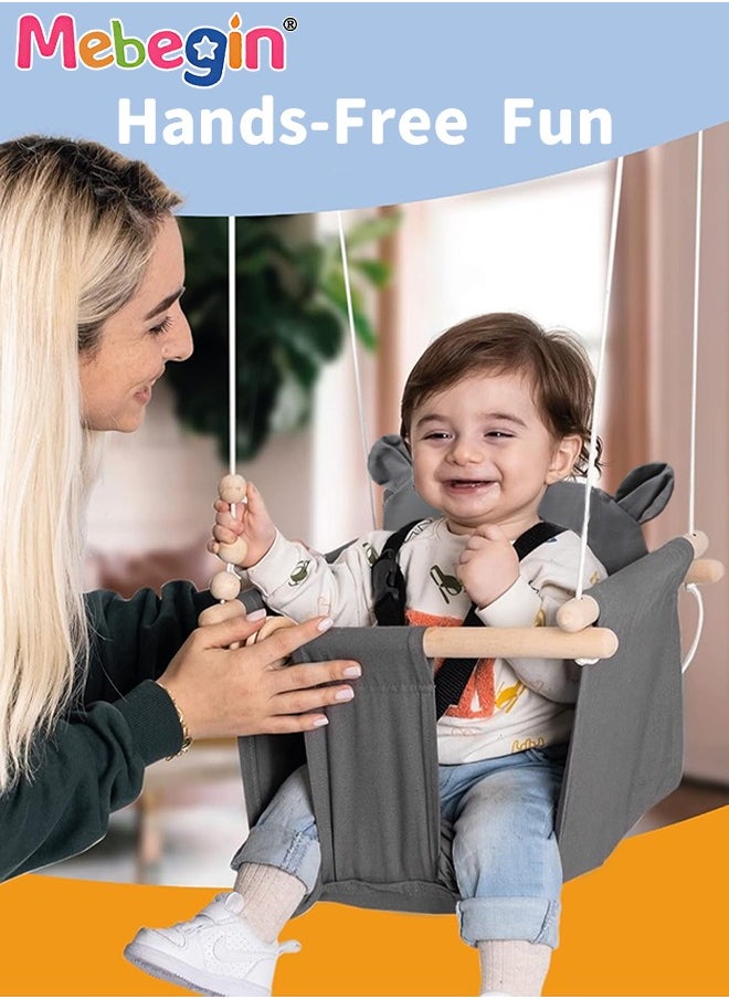 Baby Hanging Swing Seat, Secure Cotton Linen Hammock Chair with Soft Backrest Cushion and Safety Belt, Easy to Install and Carry, Suitable Ceiling or Outdoor Trapeze Table, Garden, Porch, Patio and