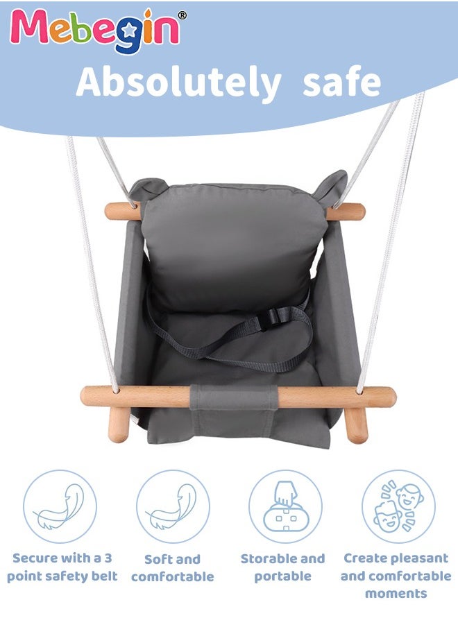 Baby Hanging Swing Seat, Secure Cotton Linen Hammock Chair with Soft Backrest Cushion and Safety Belt, Easy to Install and Carry, Suitable Ceiling or Outdoor Trapeze Table, Garden, Porch, Patio and