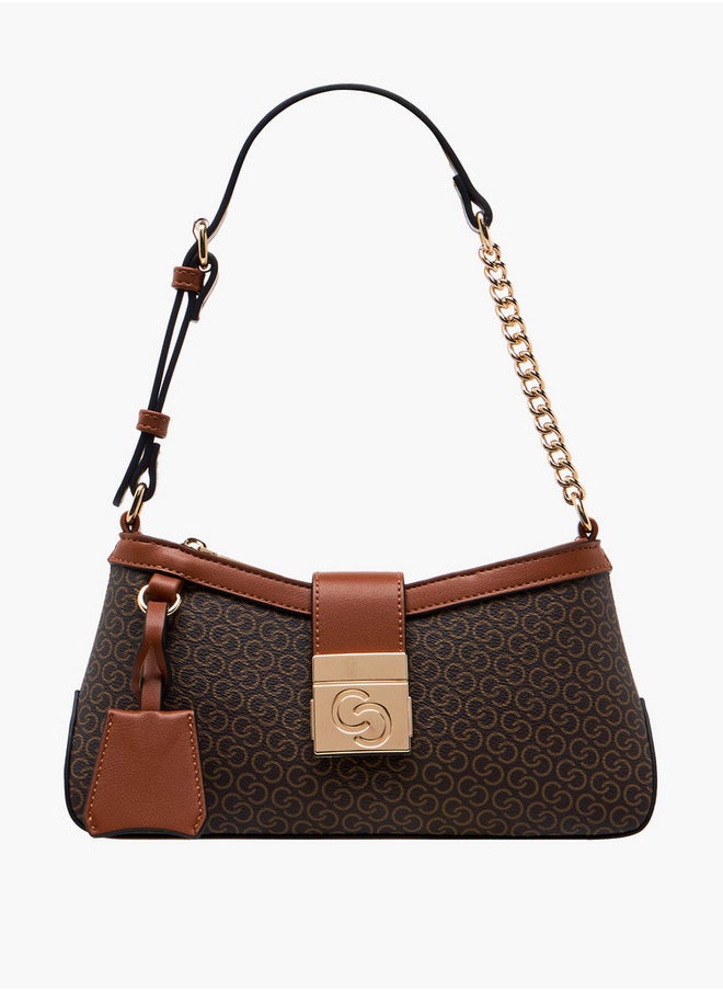 Women's Monogram Print Shoulder Bag with Flap Closure