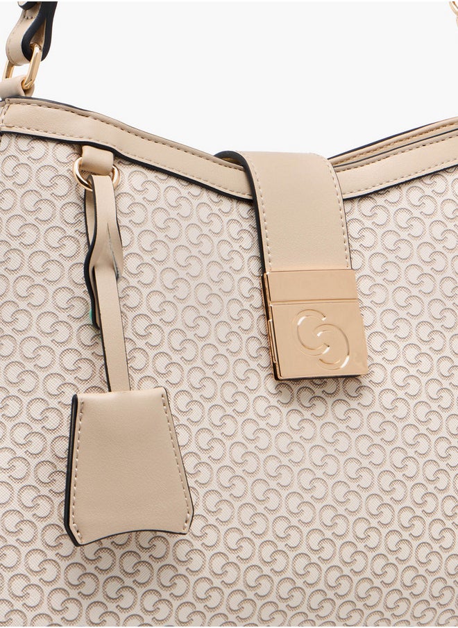 Women's Monogram Print Shoulder Bag with Flap Closure