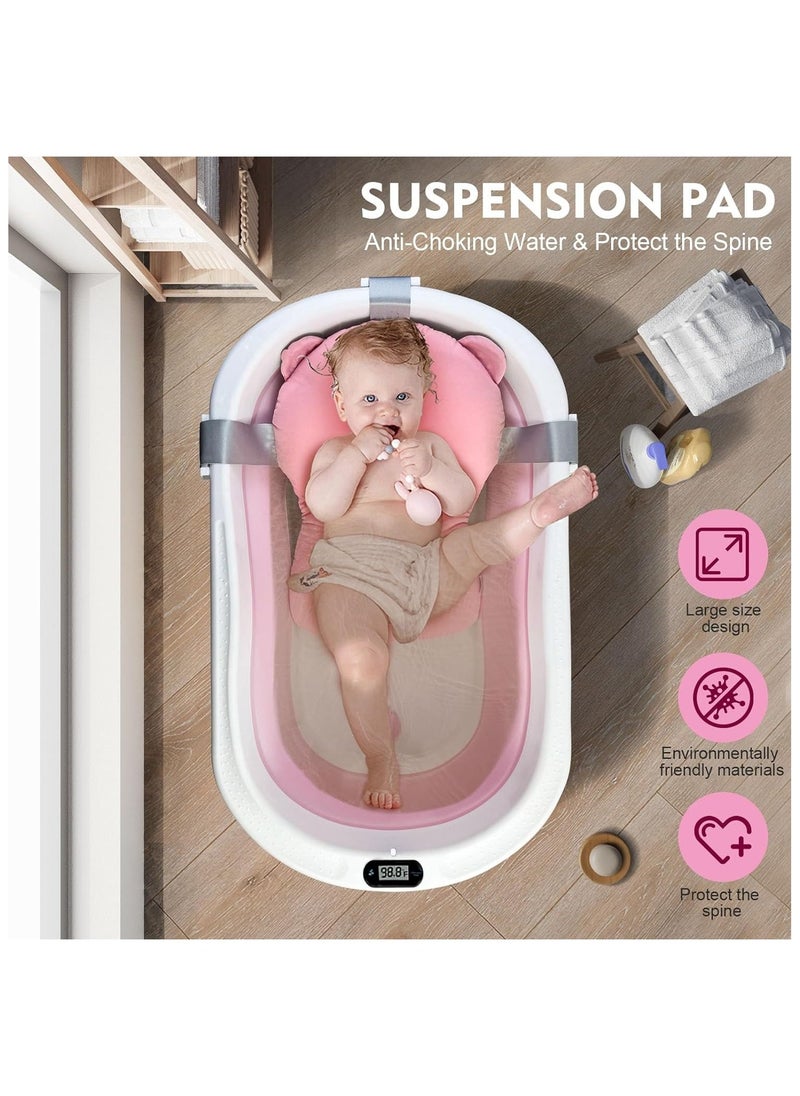 Baby Foldable Bath Tub with Bathmat Cushion & Thermometer, Portable Baby Bathtub with Drain Hole, Shower Basin with Non-Slip Support Leg for 0-6 Years Boy Girl (Pink)