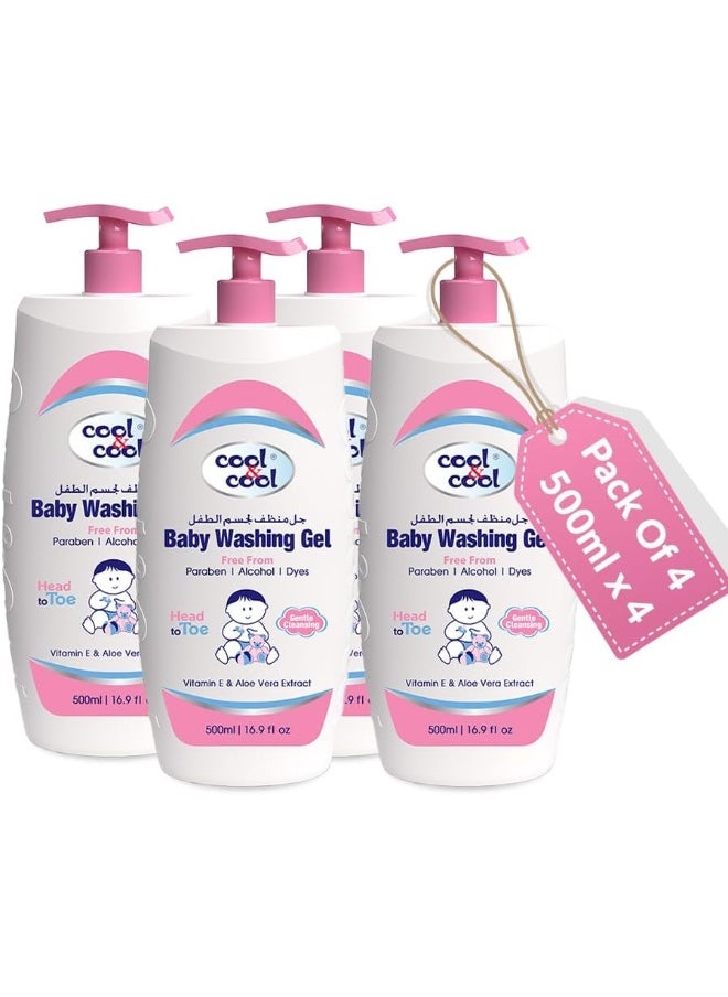 Pack Of 4 Vitamin-E And Aloe Vera Extract With Extra Mild Formula Baby Washing Gel- 500Ml Head to Toe Baby Bath, Dye Free, Tear Free, Alcohol Free, Paraben-Free