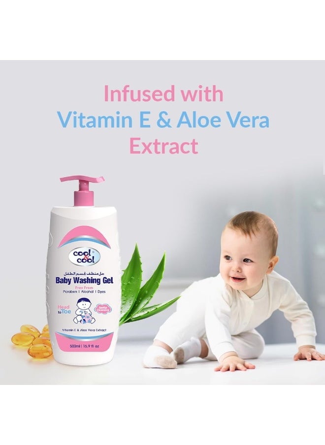 Pack Of 4 Vitamin-E And Aloe Vera Extract With Extra Mild Formula Baby Washing Gel- 500Ml Head to Toe Baby Bath, Dye Free, Tear Free, Alcohol Free, Paraben-Free