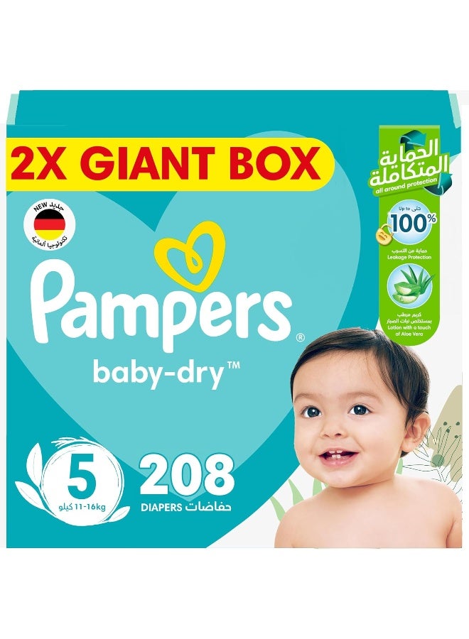 Baby Dry Taped Diapers with Aloe Vera Lotion, up to 100% Leakage Protection, Size 5, 11-16kg - 208 Count