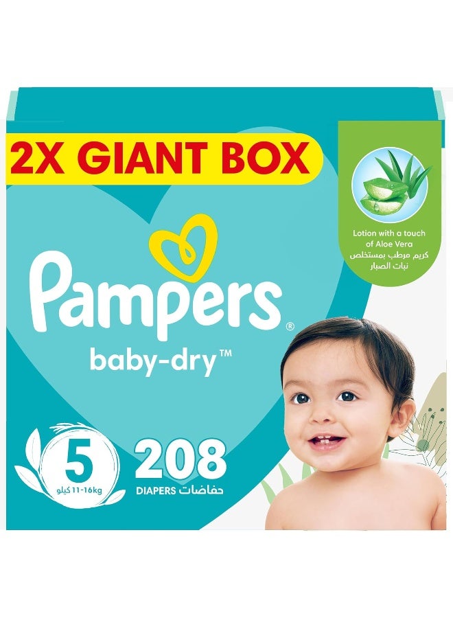 Baby Dry Taped Diapers with Aloe Vera Lotion, up to 100% Leakage Protection, Size 5, 11-16kg - 208 Count