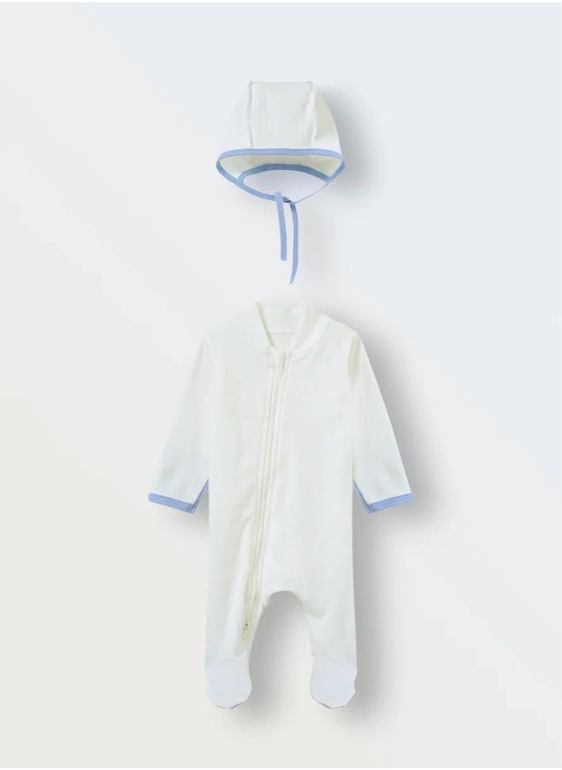 Newborn Coming Home Set – Cotton Sleepsuit with Hat, OEKO-TEX Certified, Two-Way Zipper, Soft First-Layer Outfit, Anti-Scratch Cuffs, Size 56, Ecru/Blue