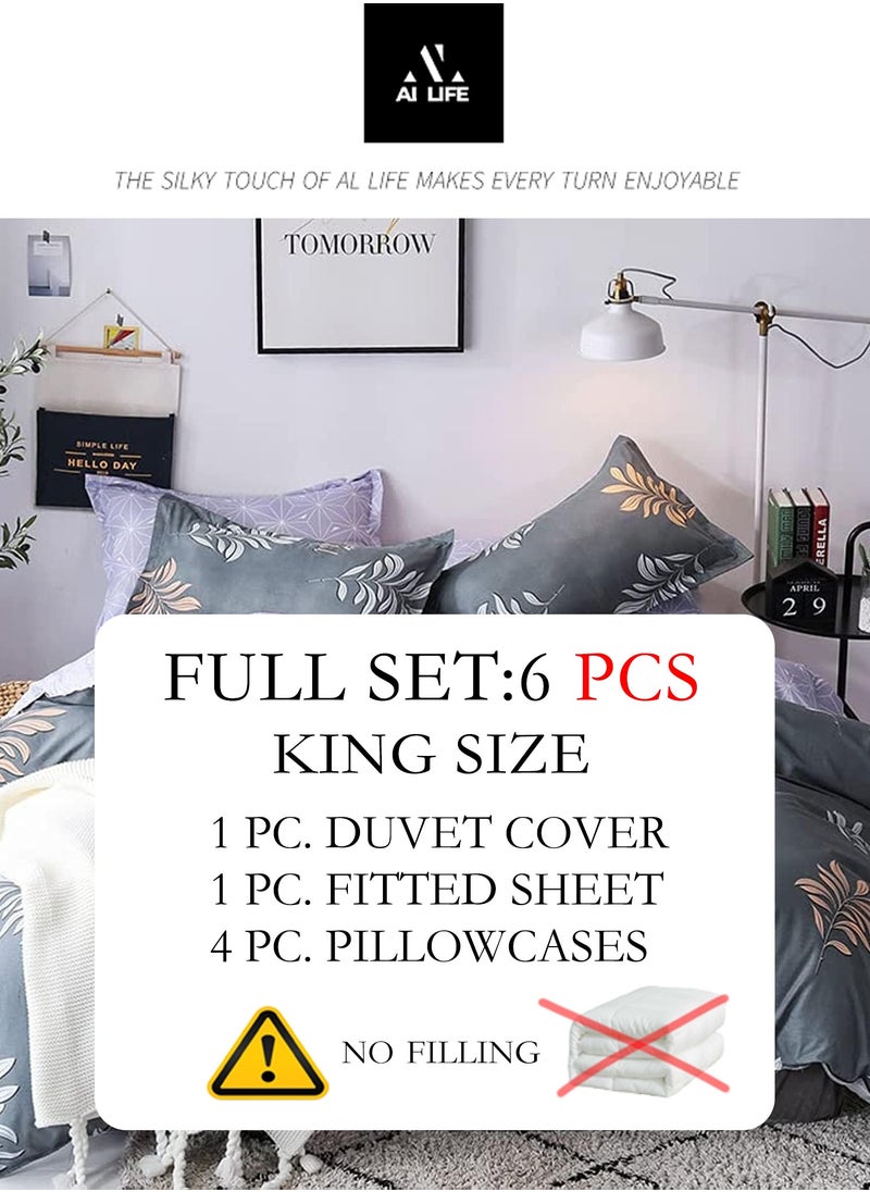 AI LIFE King Size Bedding Set Hotel Quality 6 Pcs Bedsheet Set with Fitted Sheet 200x200+30cm Duvet Cover 220x240cm & 4 Pillow Covers 50x75cm Modern Design Bedding Set