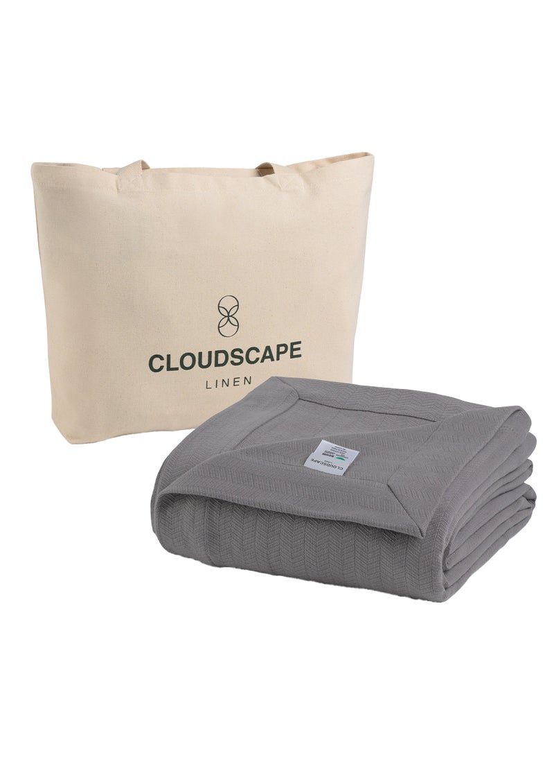 100% Cotton Herringbone Blanket for All Season, Soft and Breathable Thermal Blanket,Dark Grey
