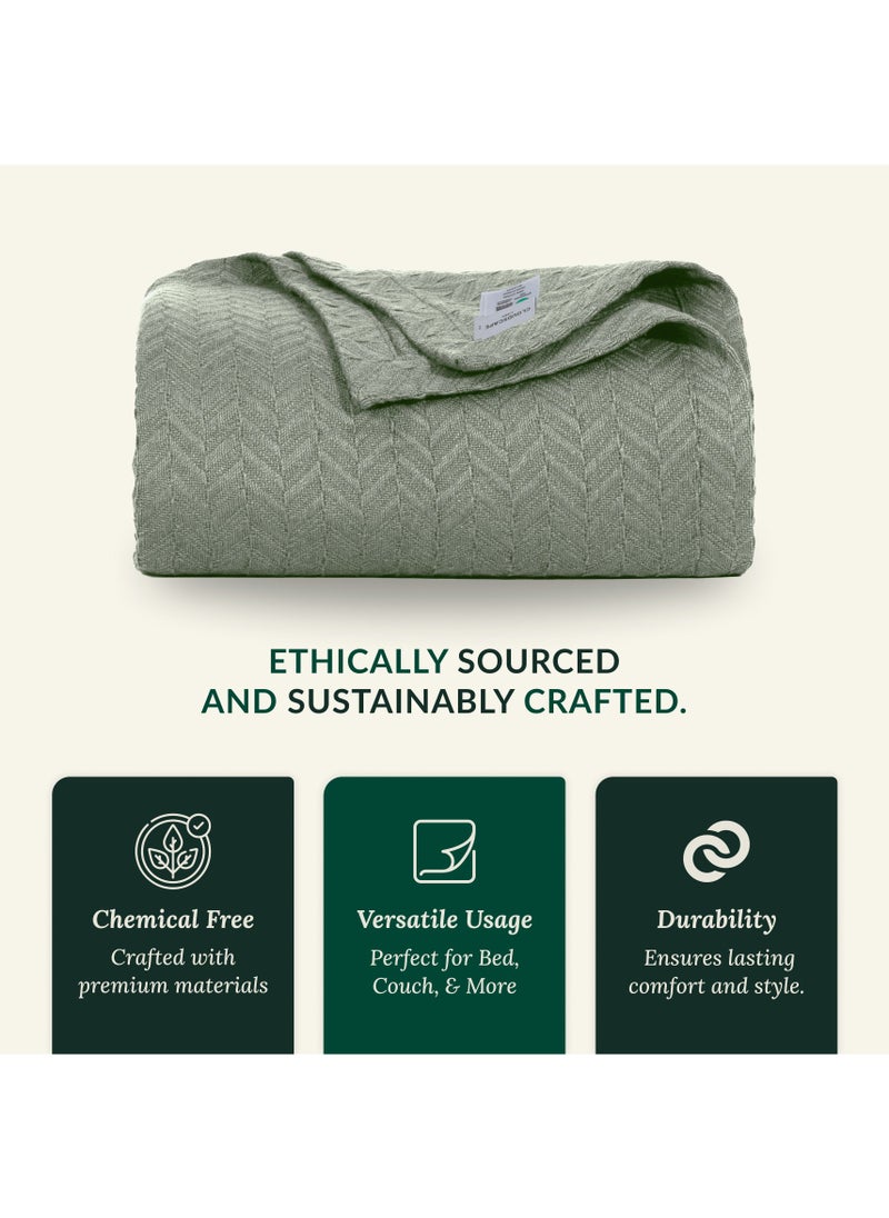 100% Cotton Herringbone Blanket for All Season, Soft and Breathable Thermal Blanket,Olive Green
