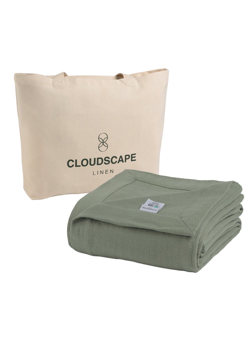 100% Cotton Herringbone Blanket for All Season, Soft and Breathable Thermal Blanket,Olive Green