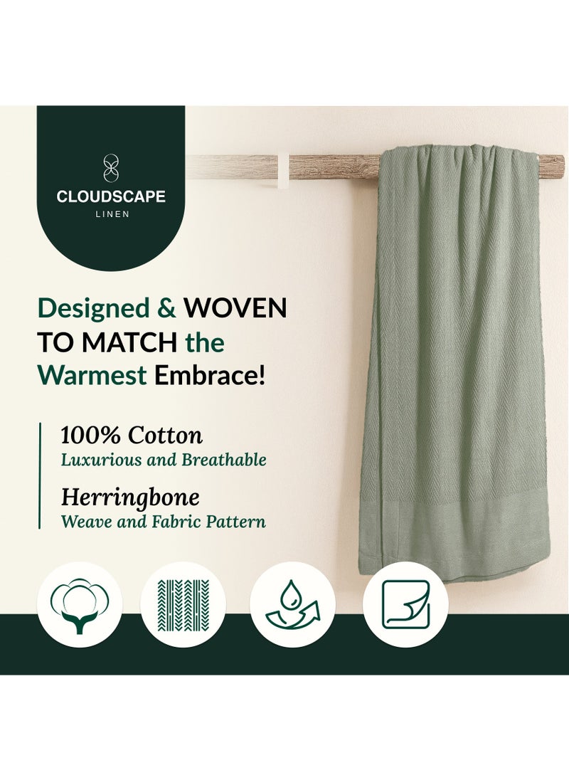100% Cotton Herringbone Blanket for All Season, Soft and Breathable Thermal Blanket,Olive Green