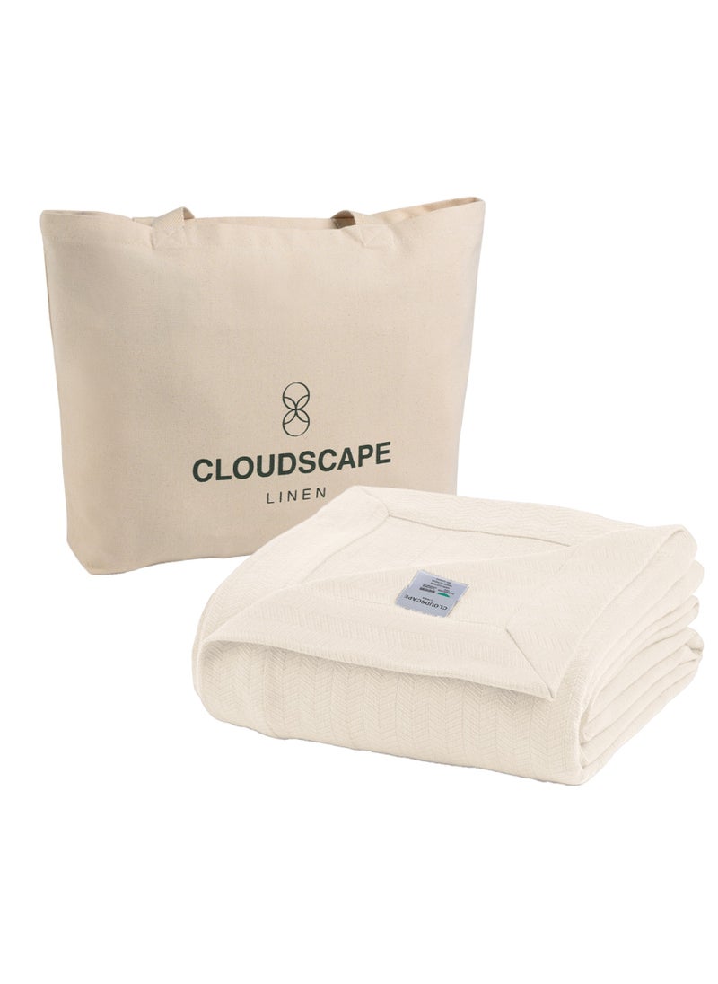 100% Cotton Herringbone Blanket for All Season, Soft and Breathable Thermal Blanket,Ivory