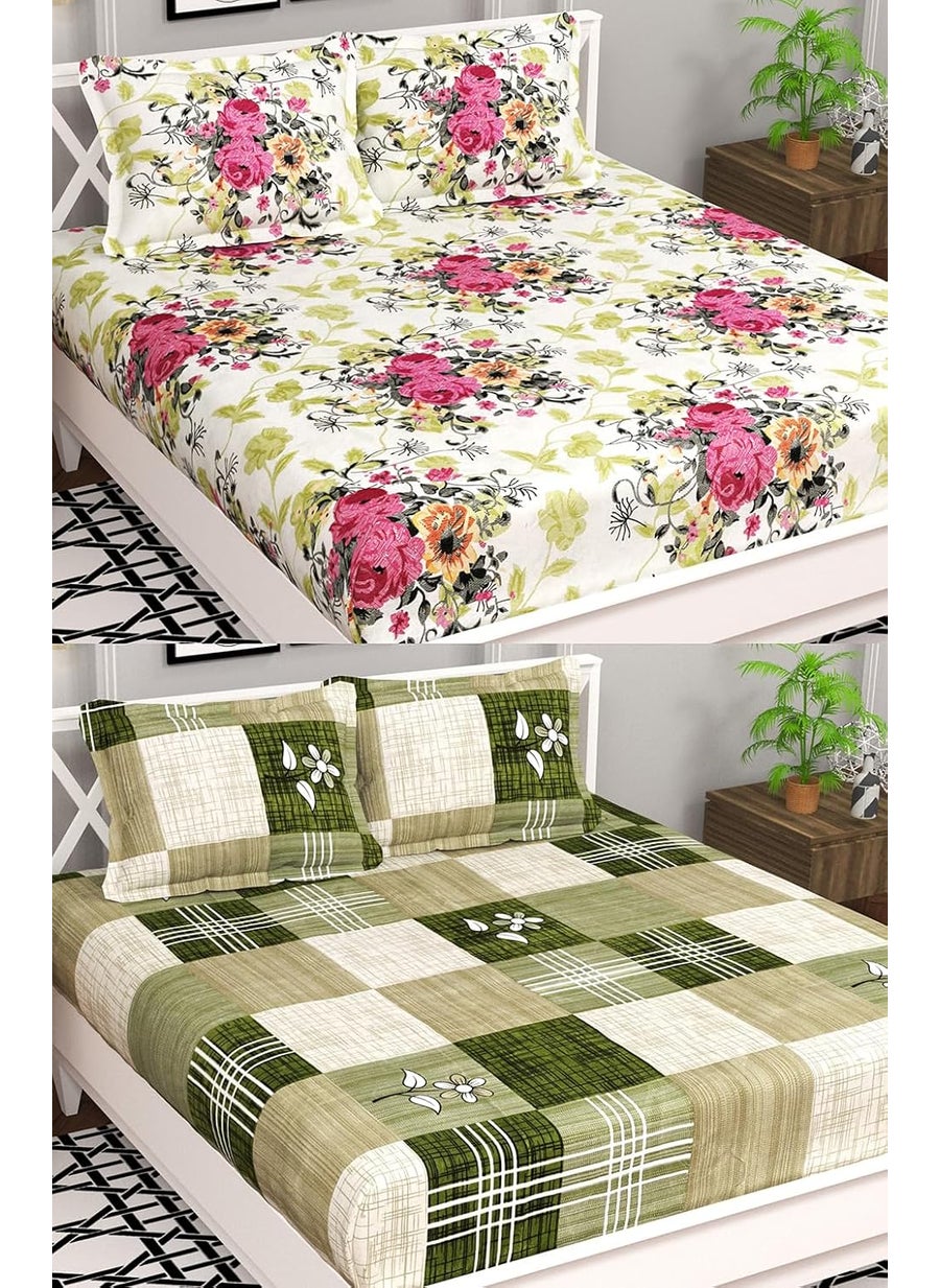 VAS COLLECTIONS Prime Collection Combo Pack of 2 Double Bedsheets with 4 Pillow Covers 144 TC Soft Brushed MicrofiberBlend Long Lasting Wrinkle Free75X7 Ft Set of 6 Pcs GreenWhite