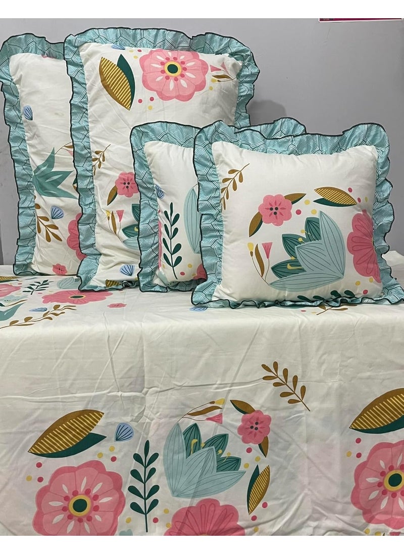 MORADO Premium Glace Cotton 210 TC 5 Pcs Frill Bedding Set Double Bedsheet with 2 Pillow Covers and 2 Filled Cushions 90x100 Inches Multicolor