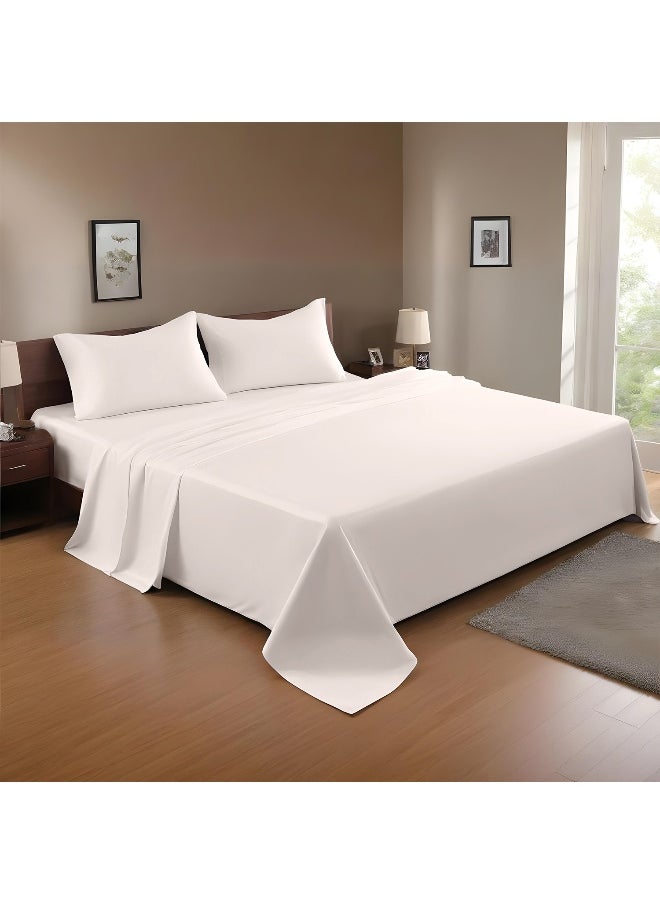 3-Piece Ivory Plush 200X220 Flat Bedsheet Set Includes 1 Deep Pocket Flat Bedsheet And 2 Pillow Covers, Breathable And Machine Washable