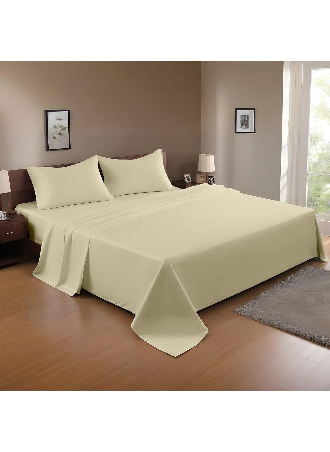 3-Piece Beige Plush 200X220 Flat Bedsheet Set Includes 1 Deep Pocket Flat Bedsheet And 2 Pillow Covers, Breathable And Machine Washable