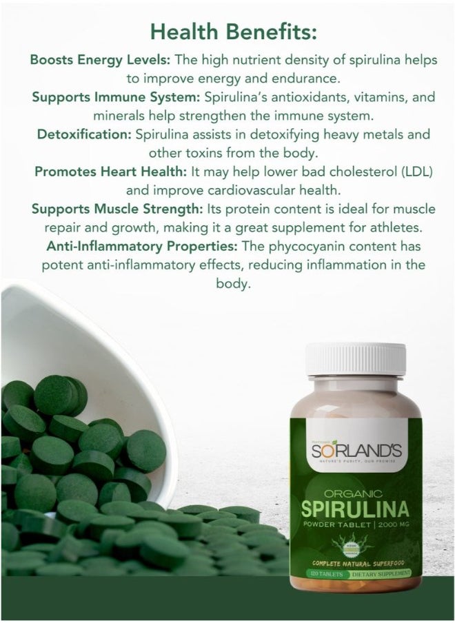 Organic Spirulina Powder 120 Tablets (Complete Natural Superfood)
