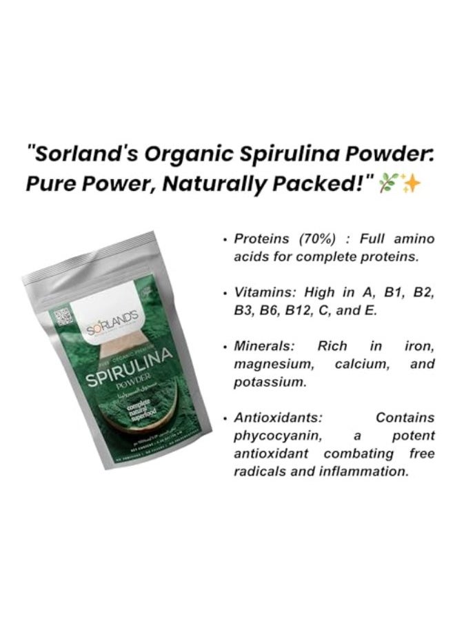 Sorland Spirulina Pwoder - High Strength 75Gm Spirulina Powder - Richest Source of Protein - Certified Organic Spirulina Powder - Superfood for Energy & Detox