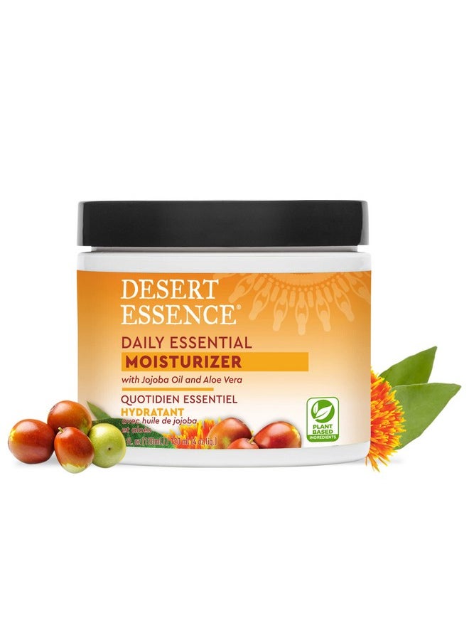 Desert Essence Daily Essential Moisturizer - Nourishing Jojoba, Organic Aloe Vera, Safflower & Geranium Oil - Light-Weight Soothing, Softening Facial Cream - Vegan, Non-GMO, Sulfate & SLS Free - 4oz