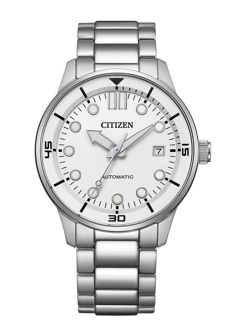 Mechanical Mens Watch NJ0191-83A – White Dial with Date Display, Stainless Steel Case and Bracelet, 40mm, Calibre 8210, Automatic, 100M WR