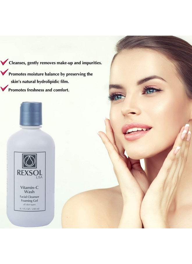 REXSOL Vitamin C Foaming Gel Face Wash | Anti-Aging Cleanser for Sensitive Skin | Natural Daily Facial Cleanser with Vitamins A & E - 8.1 OZ