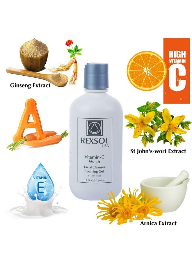 REXSOL Vitamin C Foaming Gel Face Wash | Anti-Aging Cleanser for Sensitive Skin | Natural Daily Facial Cleanser with Vitamins A & E - 8.1 OZ