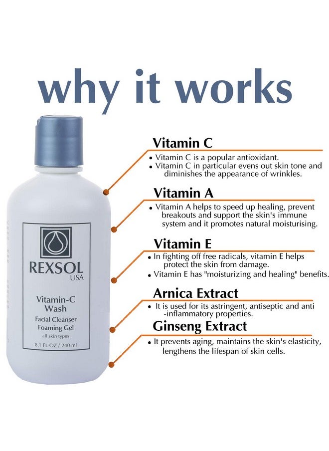 REXSOL Vitamin C Foaming Gel Face Wash | Anti-Aging Cleanser for Sensitive Skin | Natural Daily Facial Cleanser with Vitamins A & E - 8.1 OZ