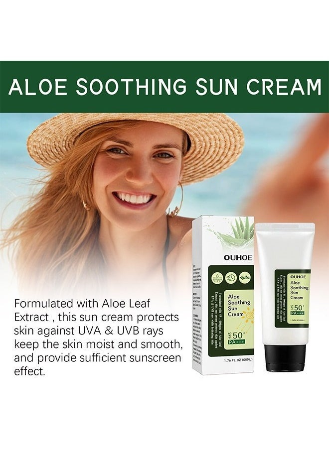 2 pcs Aloe Soothing Sun Cream SPF50+ PA+++,Waterproof & Sweatproof Moisturizing Sunscreen,Have an Ultra Lightn and Non Greasy Texture 50ml