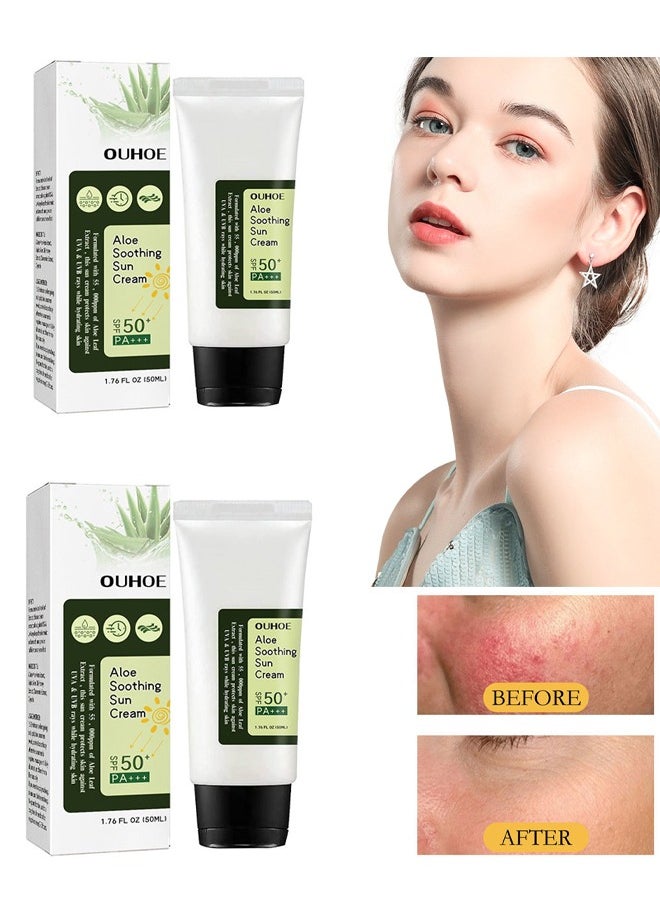 2 pcs Aloe Soothing Sun Cream SPF50+ PA+++,Waterproof & Sweatproof Moisturizing Sunscreen,Have an Ultra Lightn and Non Greasy Texture 50ml