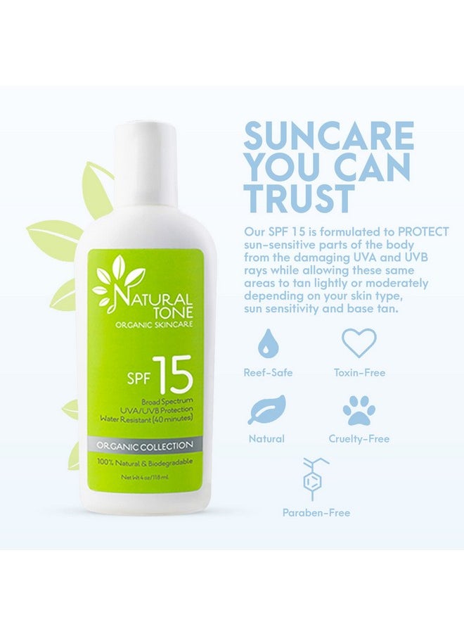SPF15 Broad Spectrum Natural Sunscreen, Soothing & Hydrating Sunscreen Lotion, Plant-Based Sun Block, Water-Resistant Sun Screen Protector for Face and Body, 4oz - Natural Tone Organic Skincare