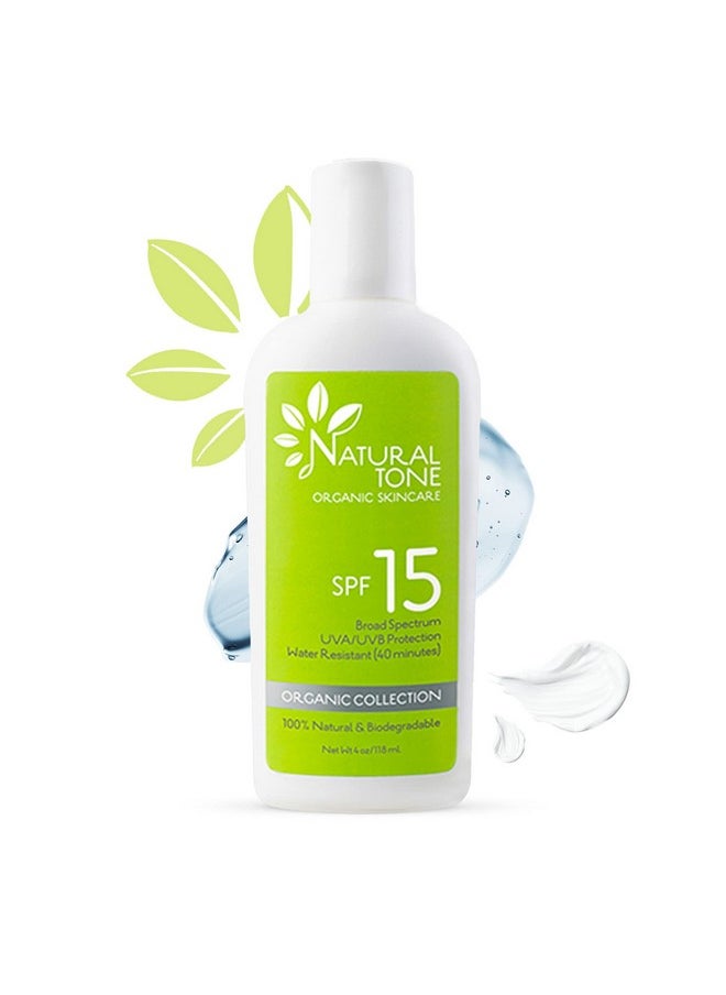 SPF15 Broad Spectrum Natural Sunscreen, Soothing & Hydrating Sunscreen Lotion, Plant-Based Sun Block, Water-Resistant Sun Screen Protector for Face and Body, 4oz - Natural Tone Organic Skincare