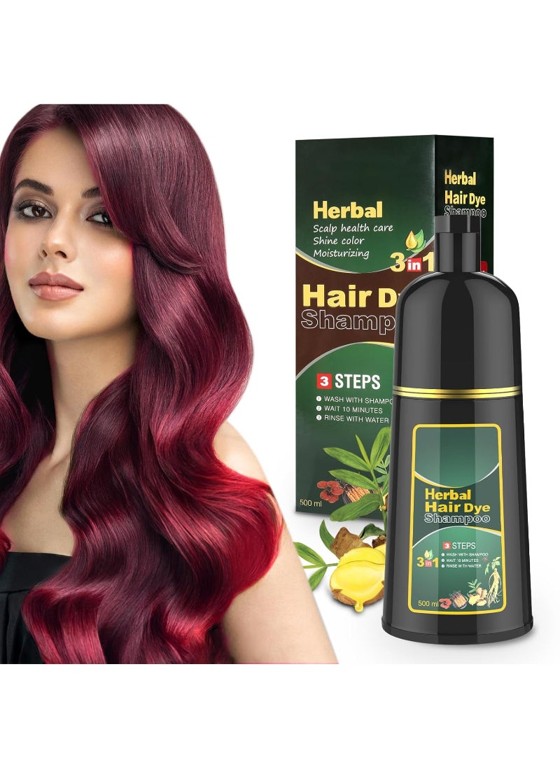 Wine Red Hair Color Shampoo - Natural Herbal Formula for Women and Men, Gray Hair Coverage and Vibrant Red Tones, 3-in-1 for Home Salon, 16.9 Fl Oz